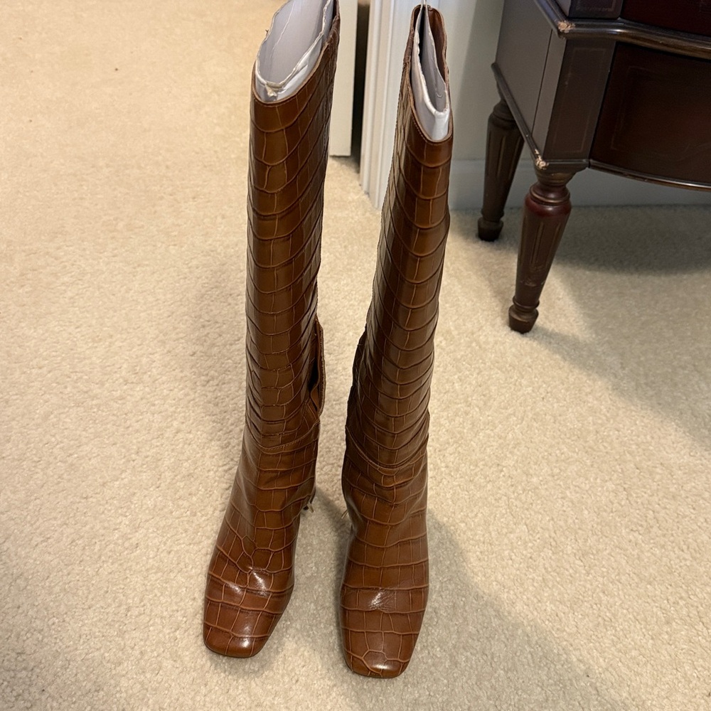 Brown Croc-Embossed Knee-High Boots